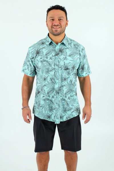 QSSS/EASYPROMO GEN-Men's TEAL / S Quiet Storm Halftone Aloha Tech Button Up