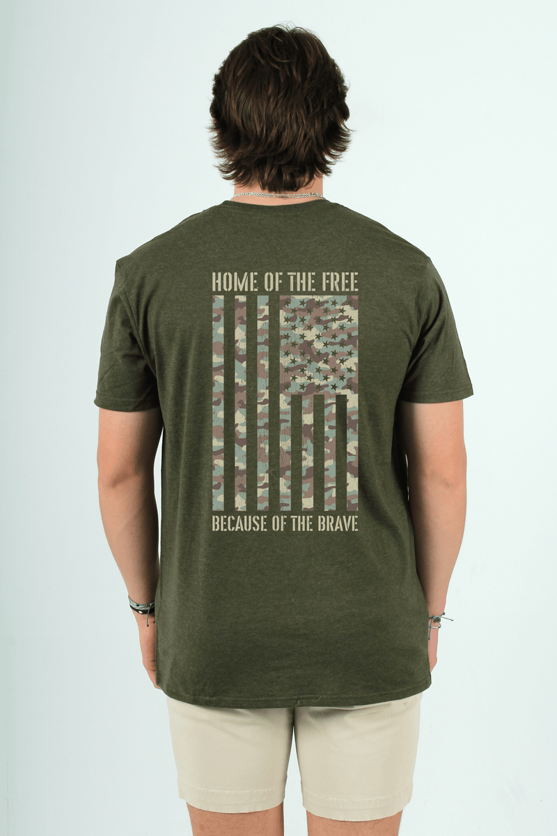 QSSS/PP Unisex MIL GREEN HTHR / S Home of the Free Camo Short Sleeve Tee