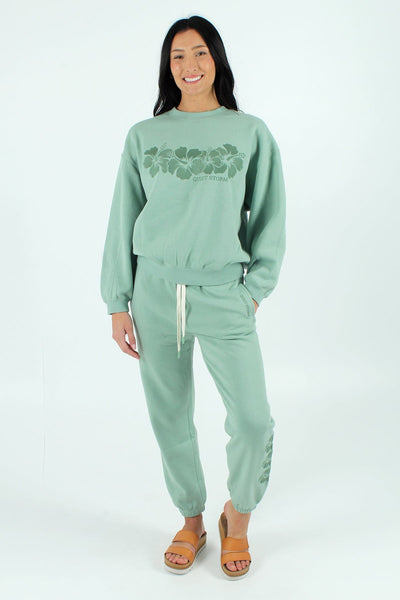 QSSS/REFLEX GEN-Women's GRANITE GREEN / XS Hibiscus Tonal Embroidered Boxy Crew Fleece