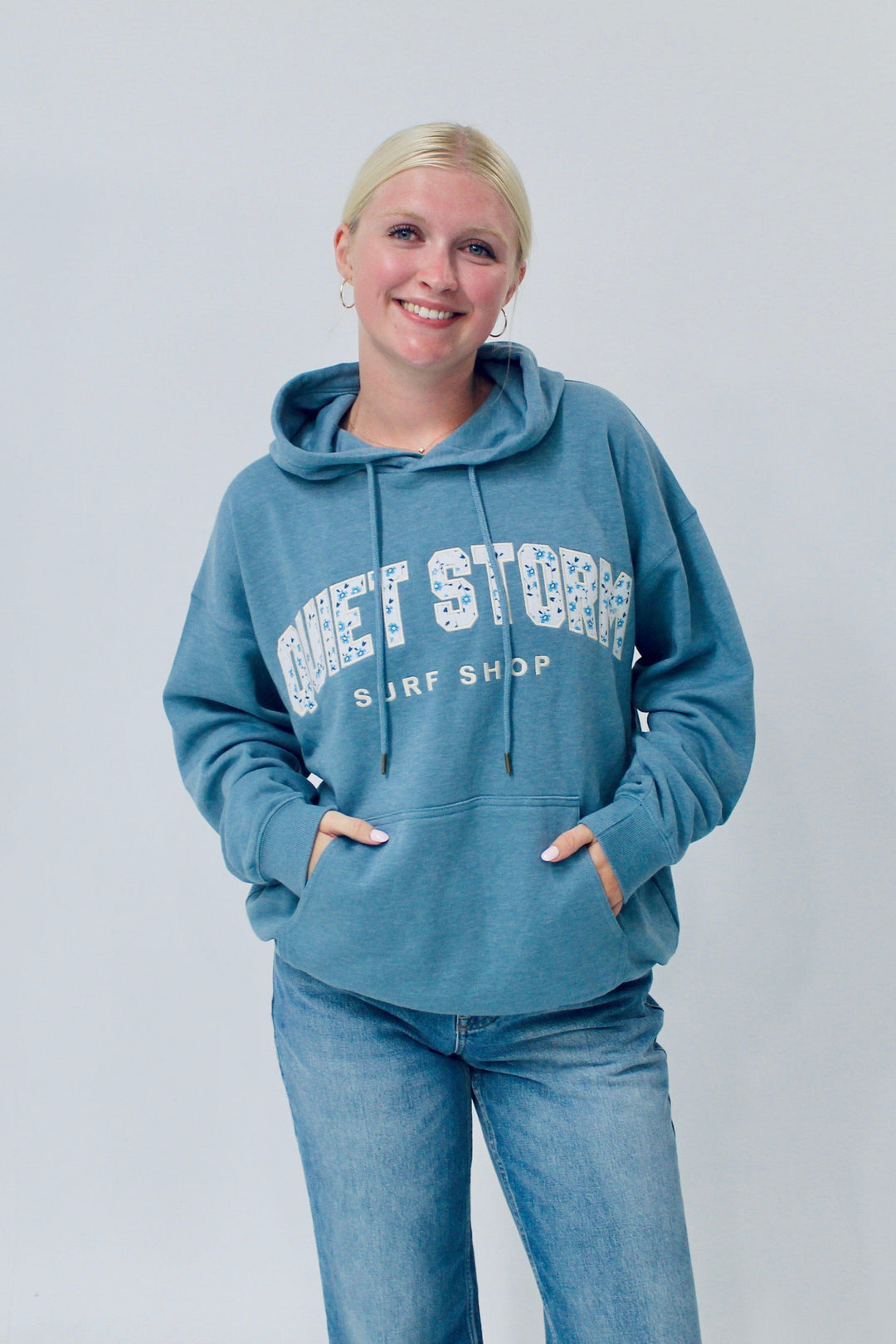 Women's Blue Floral Patch Quiet Storm Hoodie – Quiet Storm Surf Shop