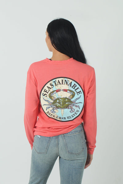 QSSS/SEASTA Unisex H CORAL SILK / XS Seastainable Blue Crab Long Sleeve Pocket Tee