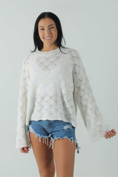 WISHLI GEN-Women's WHITE / S Daisy Embroidered Lightweight Sweater